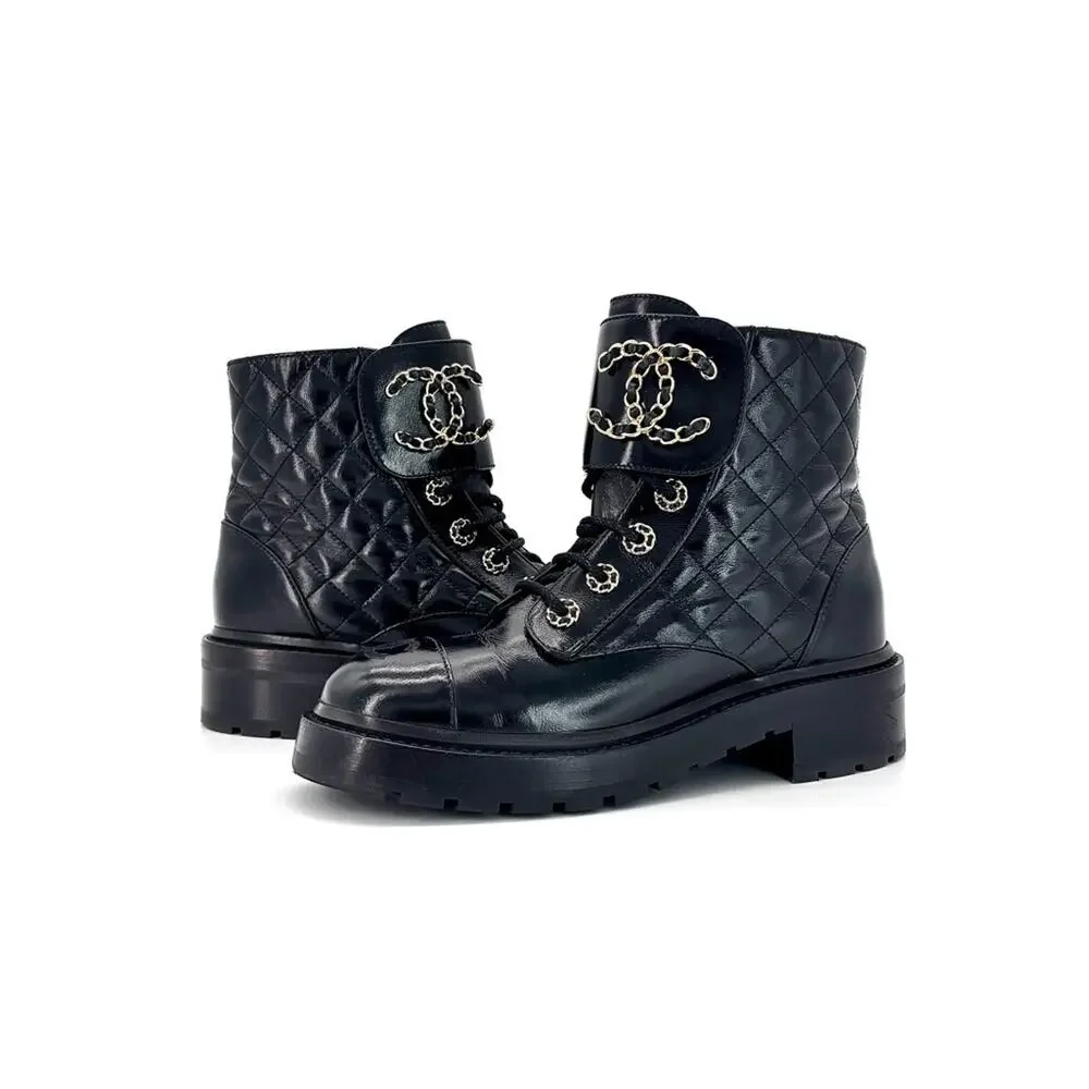 Chanel Brave Shiny Calfskin Quilted CC Chain Cap Toe Platform Short Boots 37
